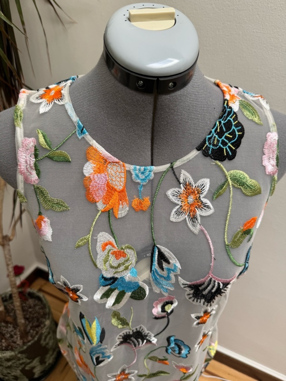 Floral Embroidered Mesh Sheath Dress - Sheer Overlay Sleeveless - Picture 4 of 10